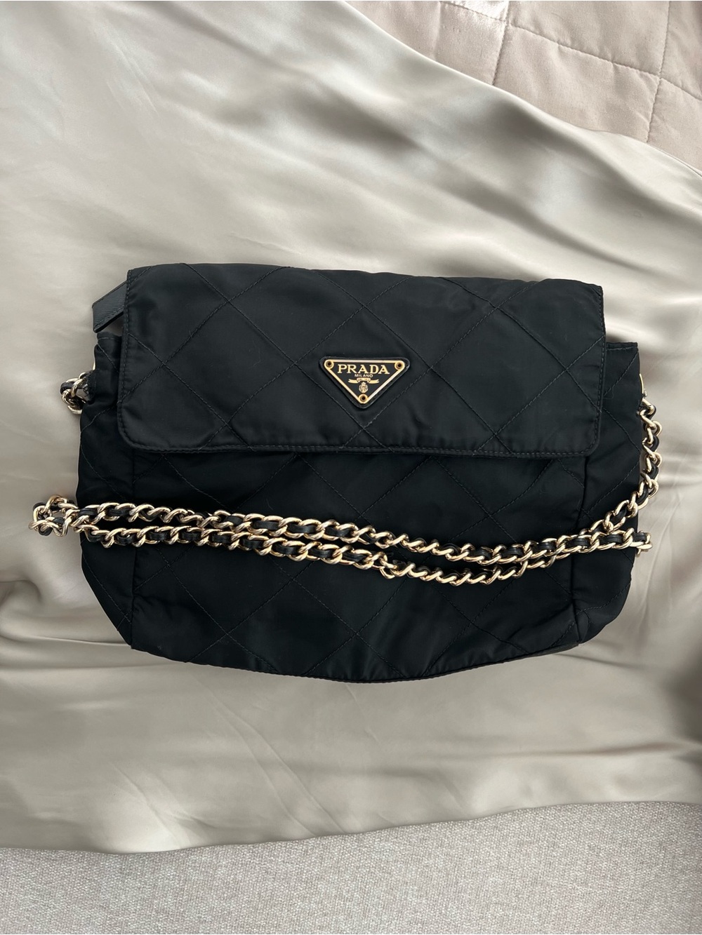 Prada Black Quilted Nylon Shoulder Bag with Gold Chain